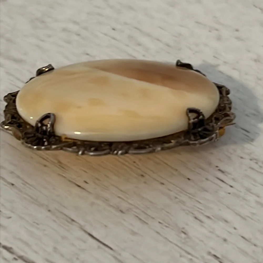 Antique Sterling Silver Ostby Barton Victorian ivory colored stone brooch 1.25”